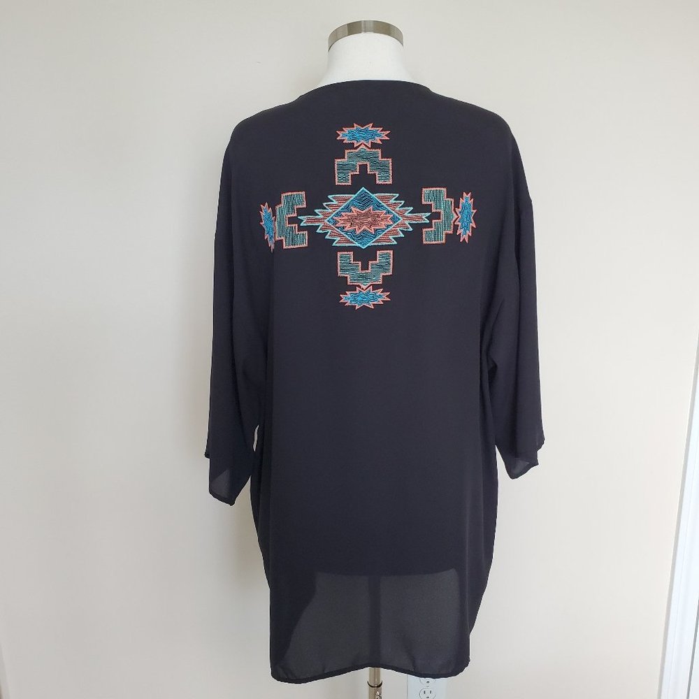 Sage Open Front Black Light Layer Top Embroidered